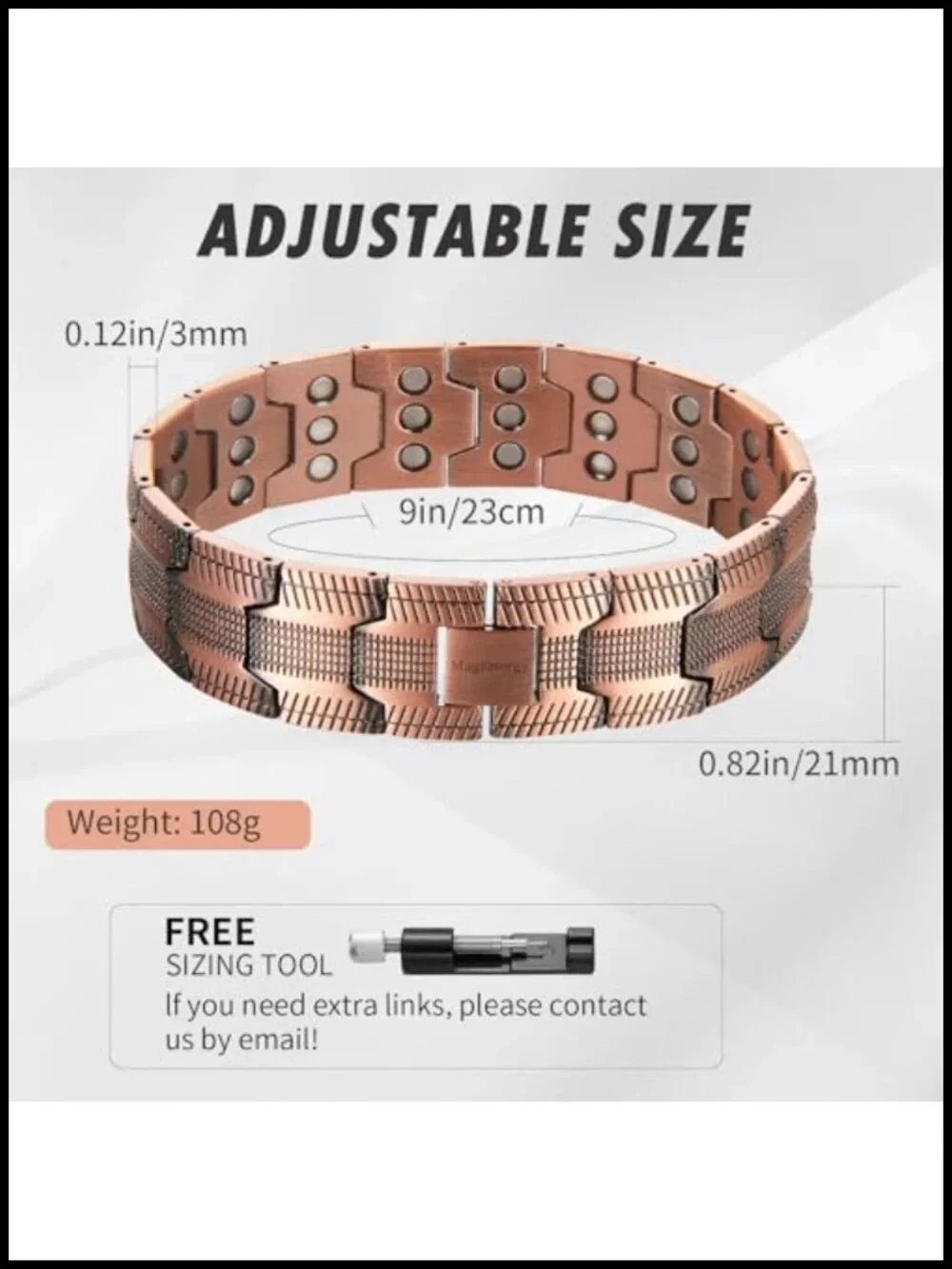 Pure Copper Magnetic Bracelet, 3-Row Magnet Design, Ultra Strength, Adjustable